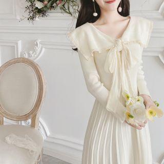 Collared Ribbon Knit Midi A-line Dress Off-white - One Size