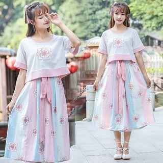 Short-sleeve Printed Top / Midi A-line Skirt / Set