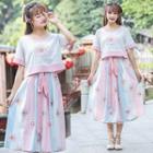 Short-sleeve Printed Top / Midi A-line Skirt / Set