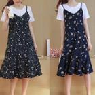 Set: Plain Short-sleeve T-shirt + Floral Print Spaghetti Strap A-line Dress