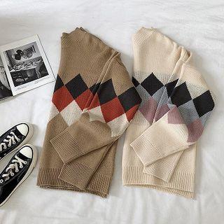 Color-block Argyle Crewneck Long-sleeve Knit Top