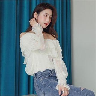 Off-shoulder Ruffled Sheer Blouse