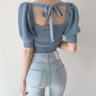 Puff-sleeve Bow-back Knit Top