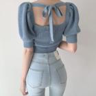 Puff-sleeve Bow-back Knit Top