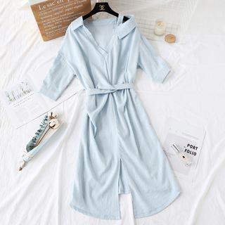 Tie-waist Cold Shoulder A-line Dress Light Blue - One Size