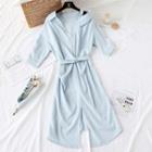 Tie-waist Cold Shoulder A-line Dress Light Blue - One Size