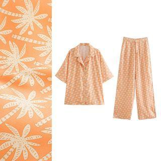 Printed Short-sleeve Shirt / High-waist Wide-leg Pants / Set
