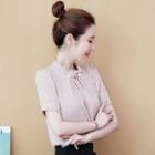 Faux Pearl Ruched Short-sleeve Chiffon Blouse