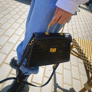 Metallic-handle Trapezoid Croc-grain Satchel