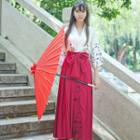 Tie-waist Pleated A-line Skirt / Elbow-sleeve Floral Print Blouse