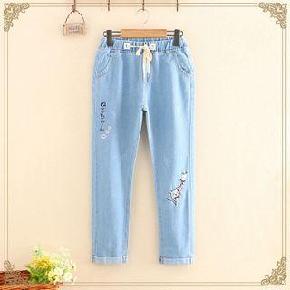 Drawstring Cat Embroidered Straight-leg Jeans