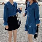 Layered Collar Chiffon Blouse / Ruffle Hem Mini Shirt Dress