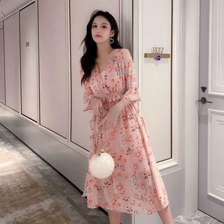 3/4-sleeve Frill Trim Floral Chiffon A-line Midi Dress