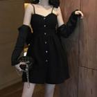Spaghetti Strap Lace Trim Mini A-line Dress / Long-sleeve Cropped Blouse
