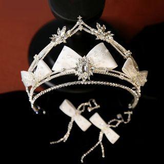 Set: Embellished Tiara + Clip-on Earring Set - White - One Size