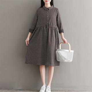 Window Pane Long Sleeve Collared Dress