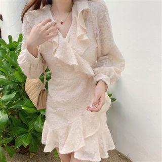 Ruffled Long-sleeve Mini A-line Dress / Slipdress