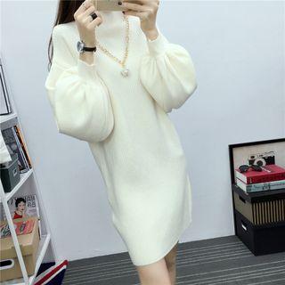 Mock-neck Long-sleeve Knit Dress White - One Size