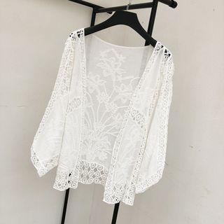 Crochet Lace Open Front 3/4-sleeve Jacket White - One Size