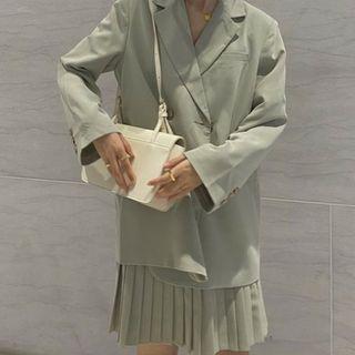 Plain Double-breasted Blazer / Mini A-line Pleated Skirt