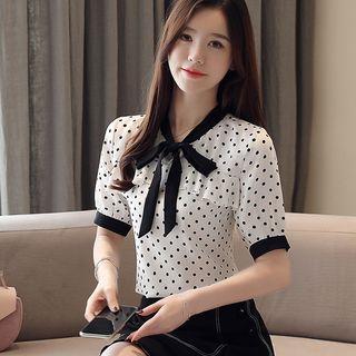 Short-sleeve Ruffled Polka Dot Chiffon Top
