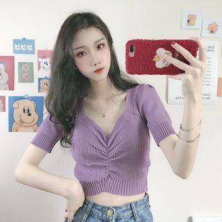 Short-sleeve Shirred Crop Knit Top