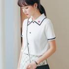 Short-sleeve Contrast Trim Embroidered Heart Buttoned Knit Top