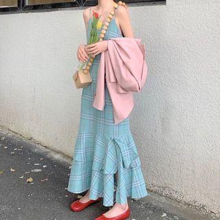 Spaghetti Strap Plaid Mermaid Maxi Dress / Single-breasted Blazer