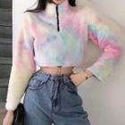 Mock-neck Crop Pullover White & Blue & Pink - One Size