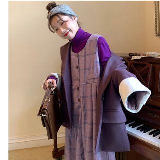 Turtleneck Long-sleeve Top / Button Blazer / Midi Plaid Pinafore Dress
