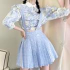 3/4-sleeve Floral Print Cropped Blouse / Check Pleated Mini A-line Overall Dress