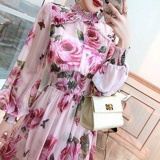 Set: Flower Print Long-sleeve Maxi A-line Dress + Camisole