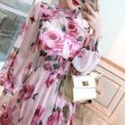 Set: Flower Print Long-sleeve Maxi A-line Dress + Camisole