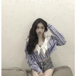 Striped Panel Cropped Blouse As Shown In Figure - One Size