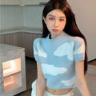 Short Sleeve Mock Neck Plain Knit Cropped Top Blue - One Size