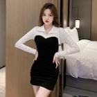 Mock Two-piece Long-sleeve Shirred Dress
