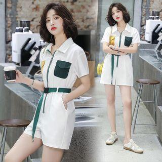 Short Sleeve Color Block Zip-up Romper