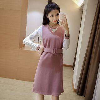 Set: Long-sleeve Top + Sleeveless V-neck Dress