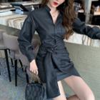 Puff-sleeve Tie-front Shirred Shirtdress