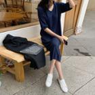 V-neck Elbow-sleeve Knit Dress Blue - One Size