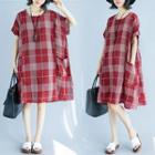 Plaid Short-sleeve Shift Dress As Shown In Figure - One Size