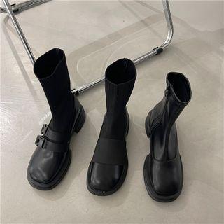 Knit Panel Platform Chunky-heel Short Boots
