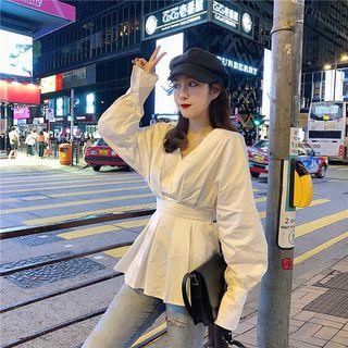 Plain V-neck Long-sleeve Blouse White - One Size