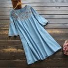 Short-sleeve Embroidered Denim Dress Denim Blue - One Size