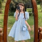 Puff-sleeve Argyle Stitched A-line Dress