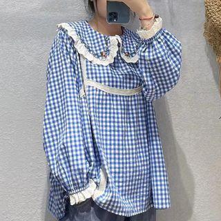 Peter Pan-collar Embroidered Floral Lace Panel Plaid Blouse