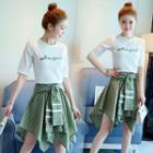 Set: Letter Embroidered Short-sleeve T-shirt + Plaid A-line Skirt