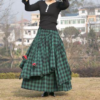 Gingham Asymmetrical Maxi A-line Skirt