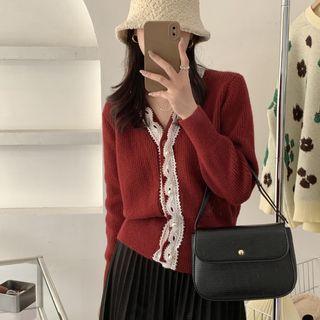 Lace Trim Panel V-neck Cardigan
