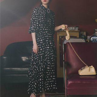 Elbow-sleeve Dotted Maxi Chiffon Dress